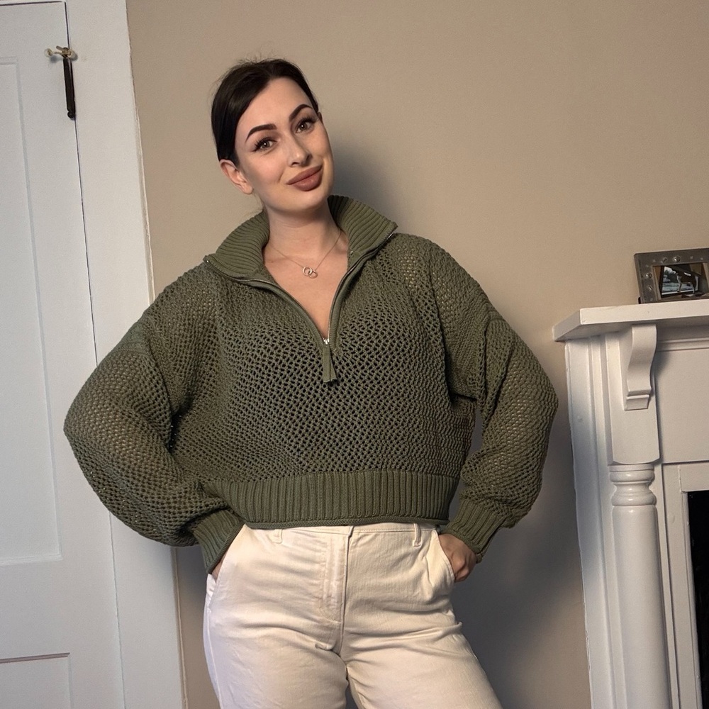 Aerie Olive Green Cropped Knit Sweater Quarter Zip Chunky Cotton Size S/P